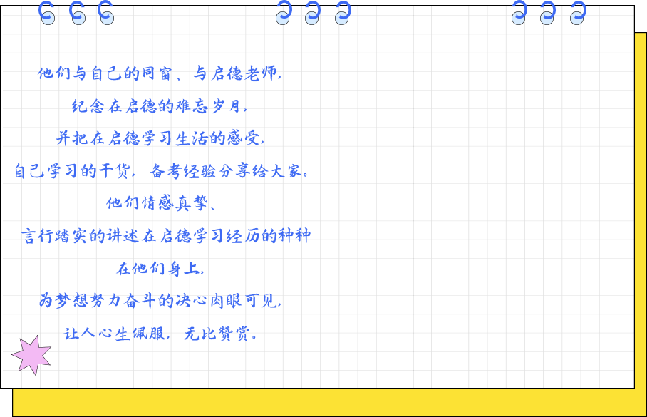 他们与自己的同窗、与启德老师，纪念在启德的难忘岁月，并把在启德学习生活的感受，自己学习的干货，备考经验分享给大家。他们情感真挚、言行踏实的讲述在启德学习经历的种种在他们身上，为梦想努力奋斗的决心肉眼可见，让人心生佩服，无比赞赏。