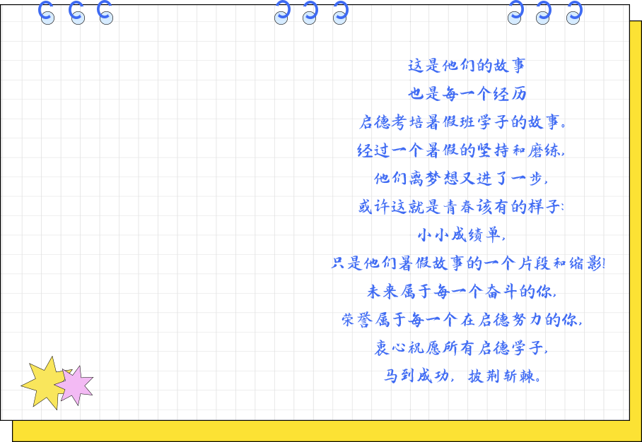 这是他们的故事,也是每一个经历,启德考培暑假班学子的故事。经过一个暑假的坚持和磨练，他们离梦想又进了一步，或许这就是青春该有的样子：小小成绩单，只是他们暑假故事的一个片段和缩影!未来属于每一个奋斗的你，荣誉属于每一个在启德努力的你，衷心祝愿所有启德学子，马到成功，披荆斩棘。