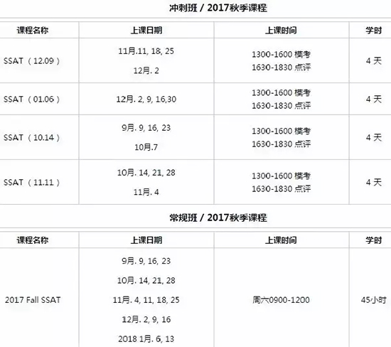 SSAT 冲刺班/常规班课表 SSAT 冲刺班/常规班课表